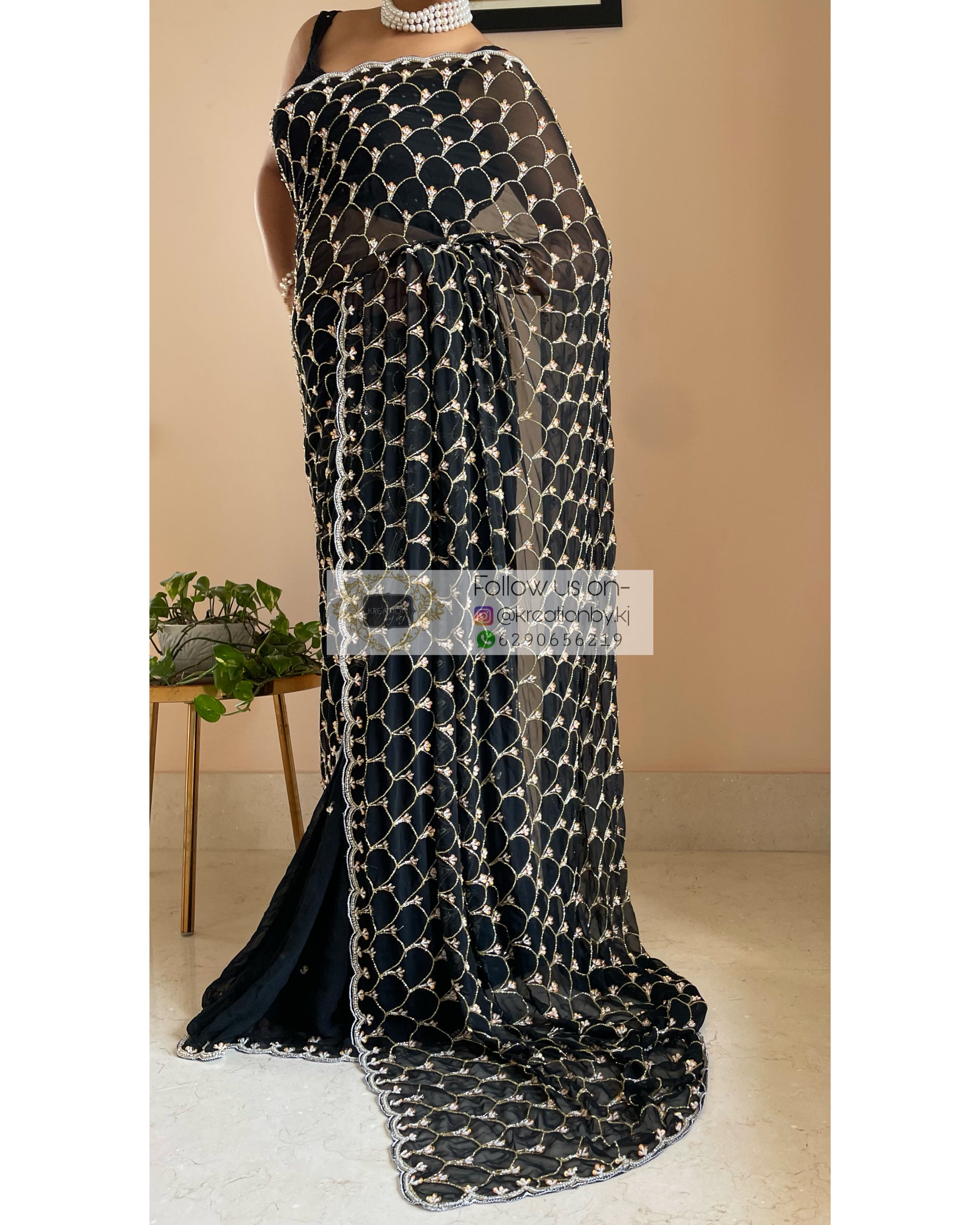 Black Georgette Cutdana Mehraab Jaal Saree - kreationbykj