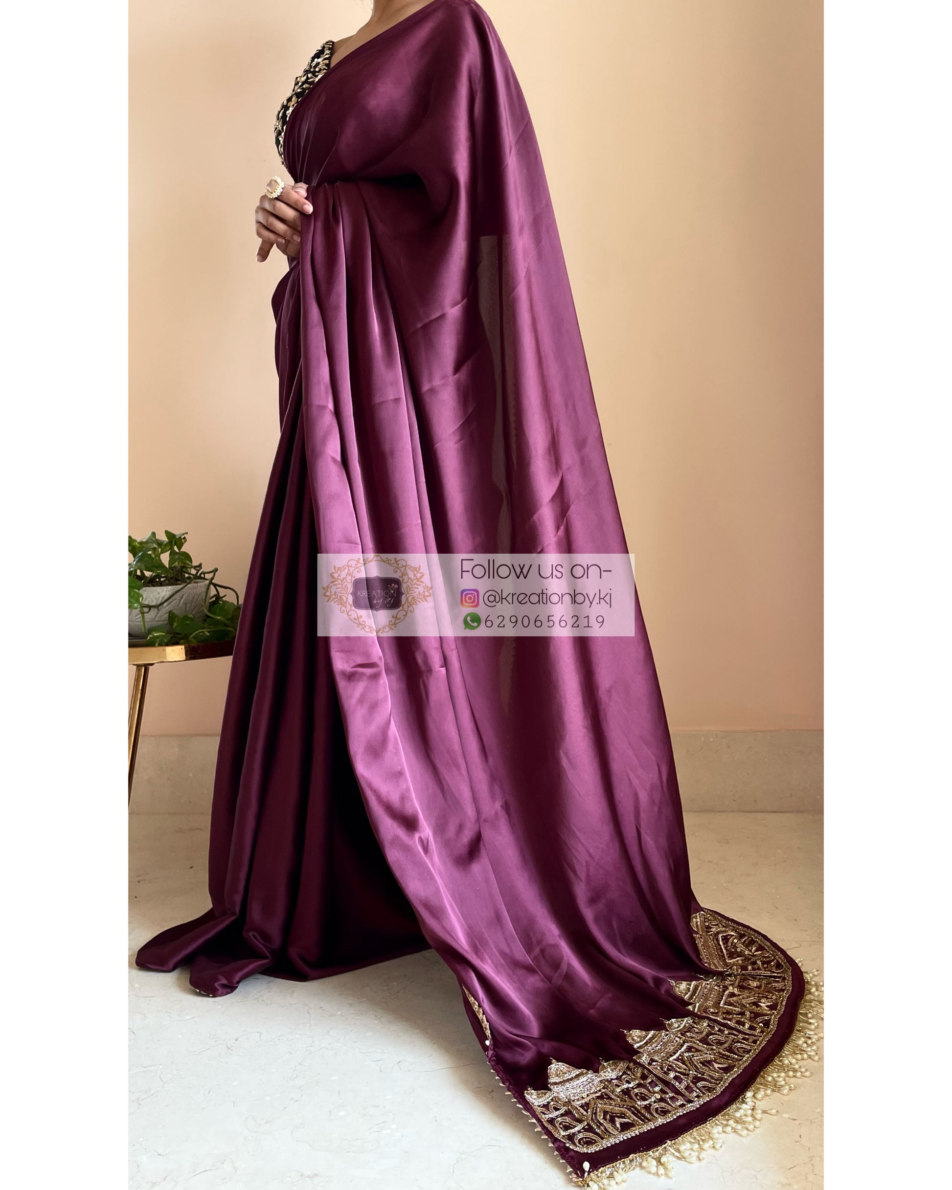 Dark Eggplant Wine Satin Silk Taj Mahal Saree - kreationbykj