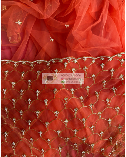 Coral Cutdana Mehraab Jaal Saree - kreationbykj