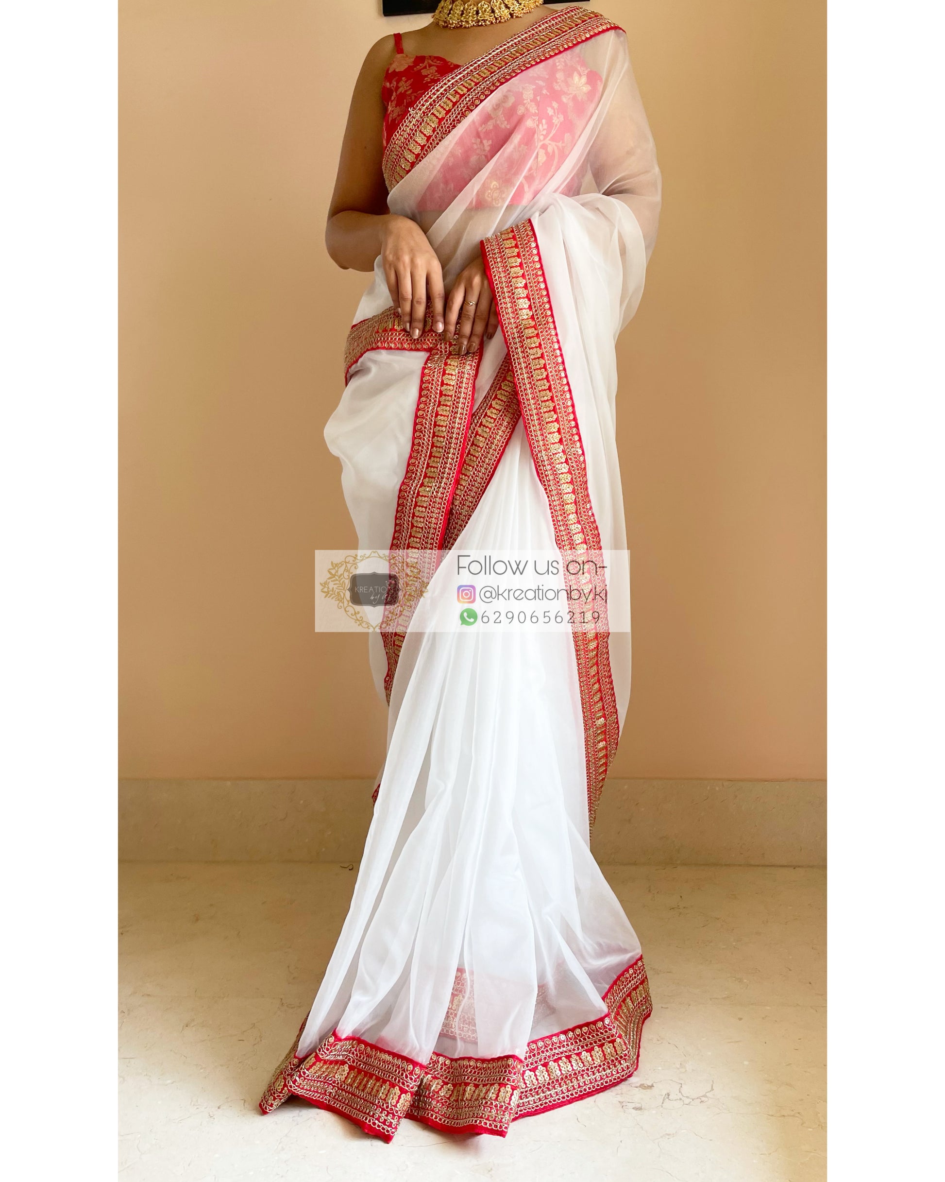 White Organza Saree with Red Border - kreationbykj