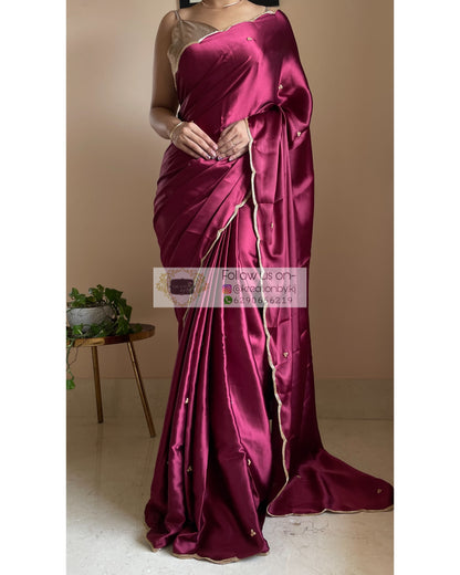 Cherry Wine Satin Silk Saree with Handembroidered Scalloping - kreationbykj