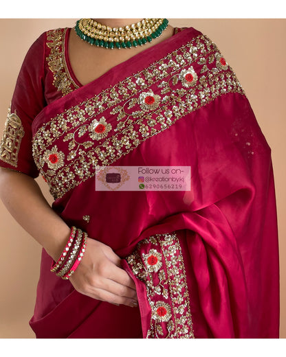 Maroon Crepe Silk Bridal Saree - kreationbykj