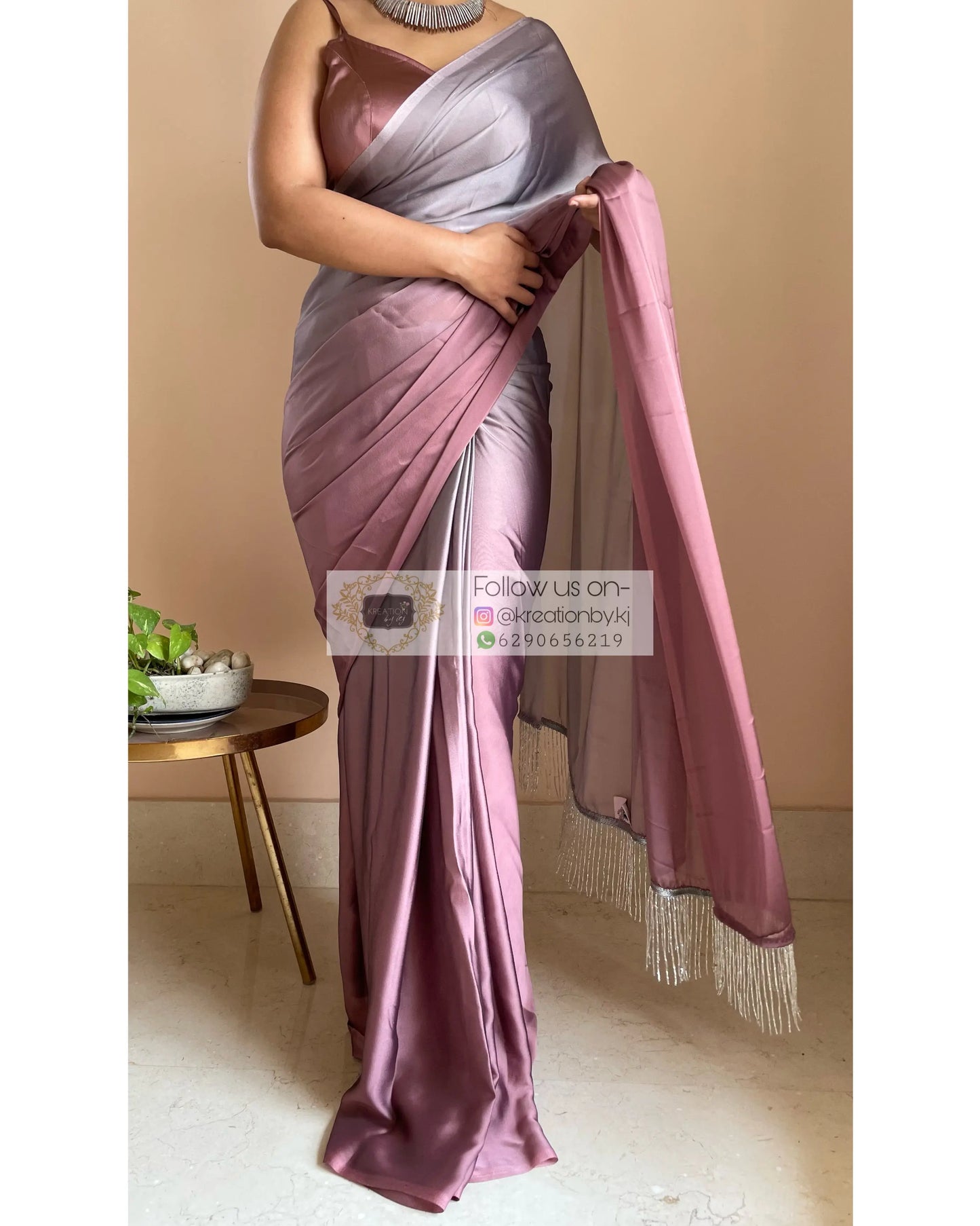 Grey-Rose Gold Ombré Saree withe Handmade Tassels on Pallu - kreationbykj