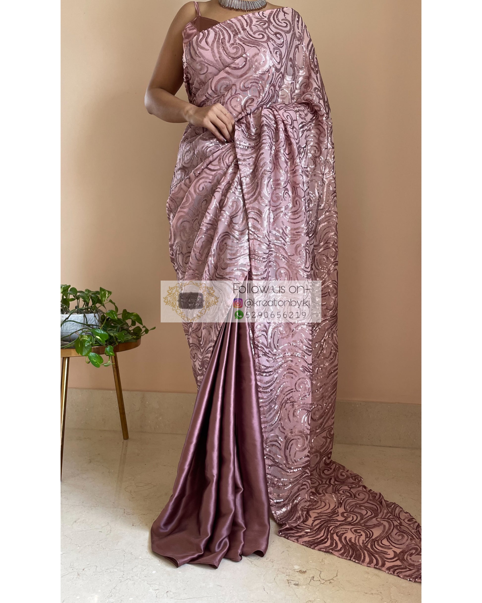 Rose Gold Sequins Half Saree - kreationbykj