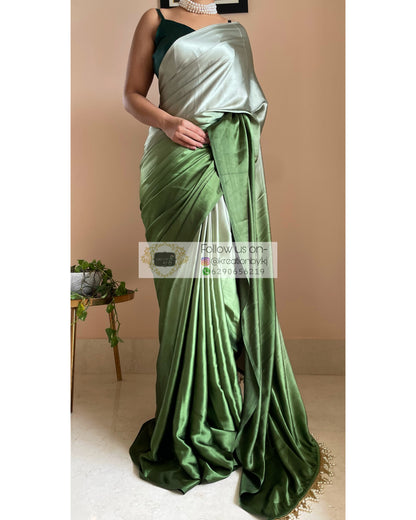 Green Hedge Ombré Satin Silk Saree with Handmade Tassels on Pallu - kreationbykj