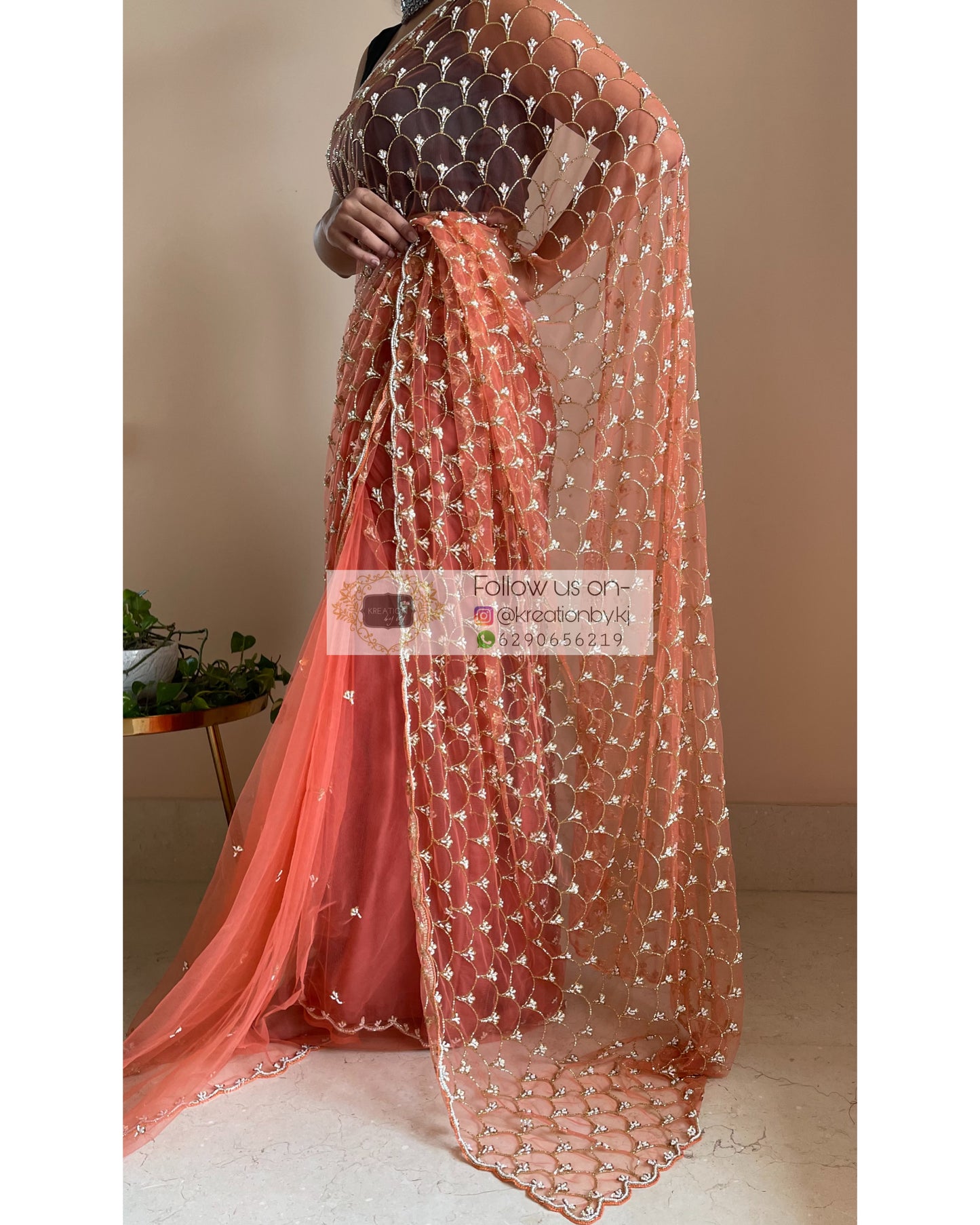 Coral Cutdana Mehraab Jaal Saree - kreationbykj