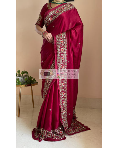 Maroon Crepe Silk Bridal Saree - kreationbykj