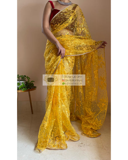 Yellow Floral Net Saree - kreationbykj