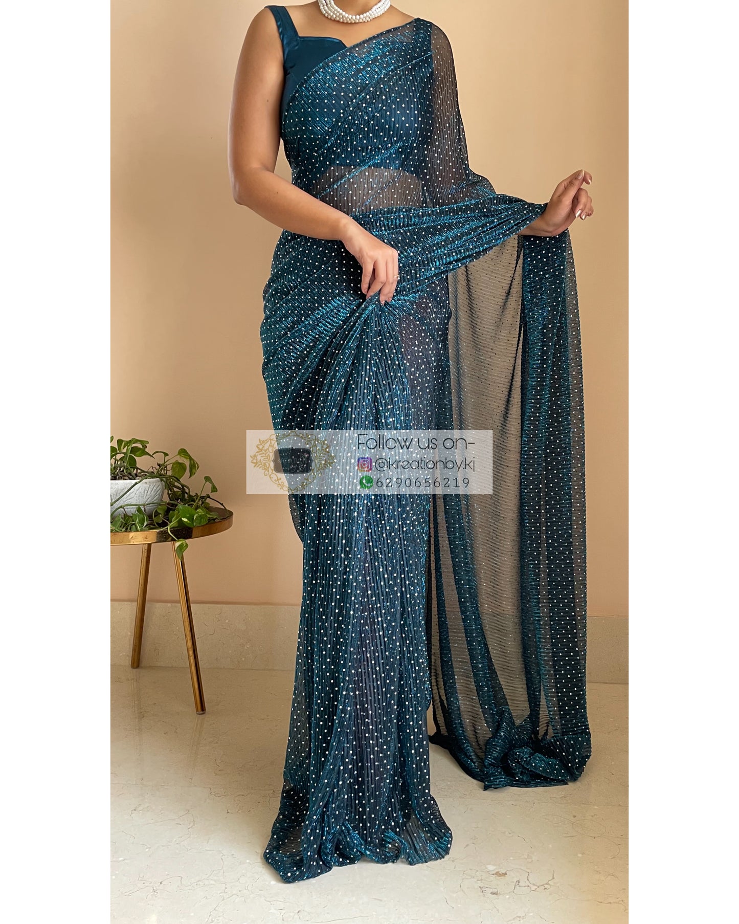 Blue Pleated Shimmer Net Saree - kreationbykj