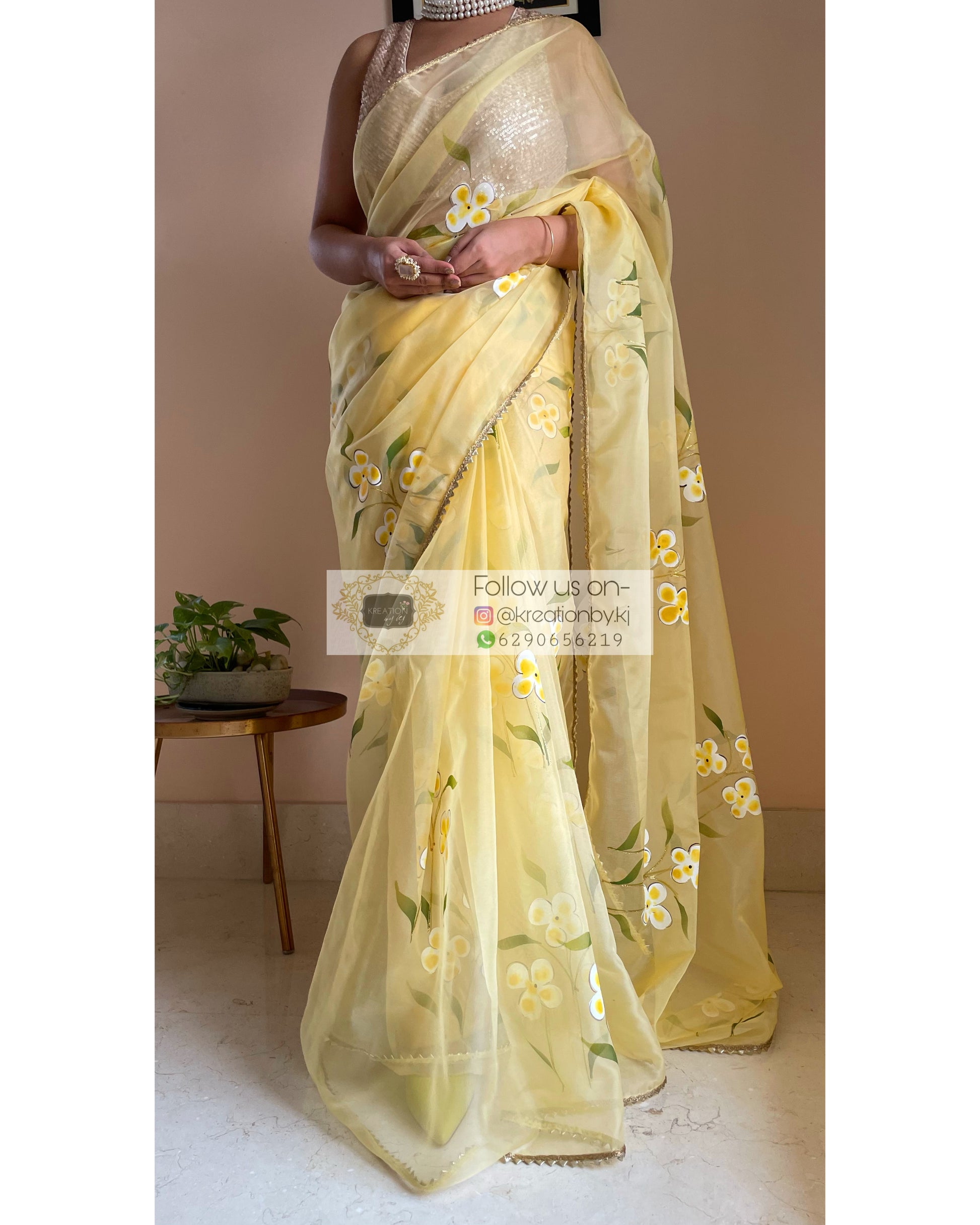 Pastel Yellow Floral Organza Saree - kreationbykj