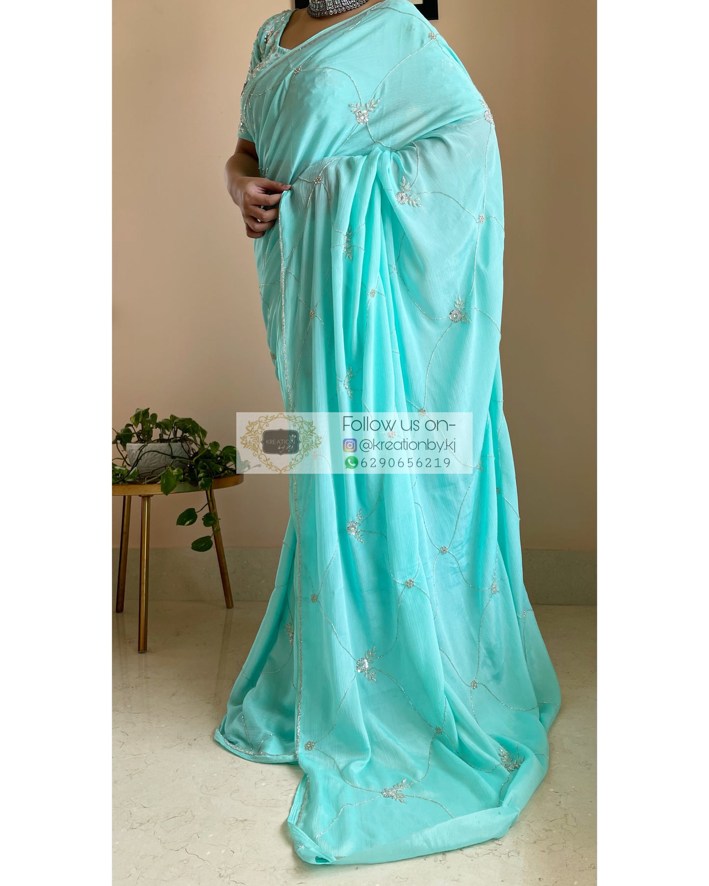 Kashish Turquoise Chinnon Saree - kreationbykj