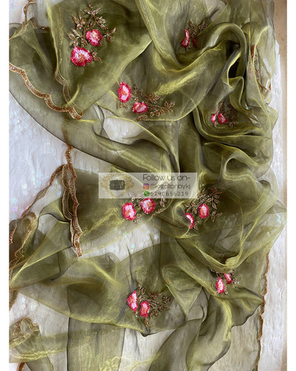 Military Green Rose Dupatta - kreationbykj