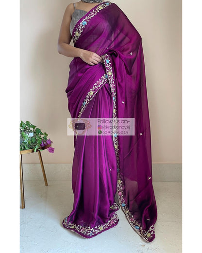 Wine Georgette Zardozi Minakari Saree - kreationbykj