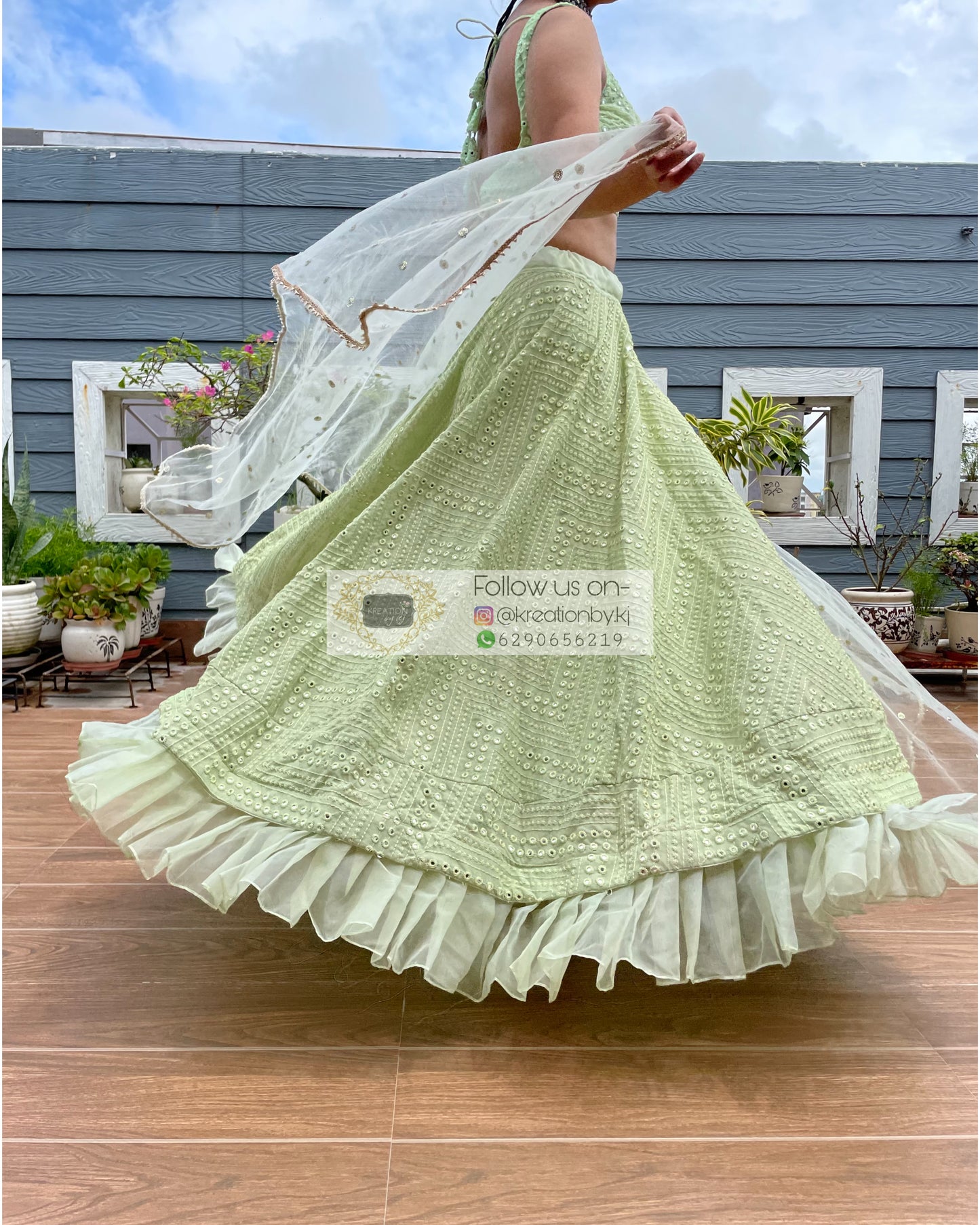 Green Sheesh Mahal Lehenga Set - kreationbykj