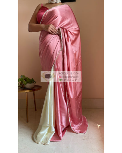 Strawberry Vanilla Two in One Satin Saree - kreationbykj