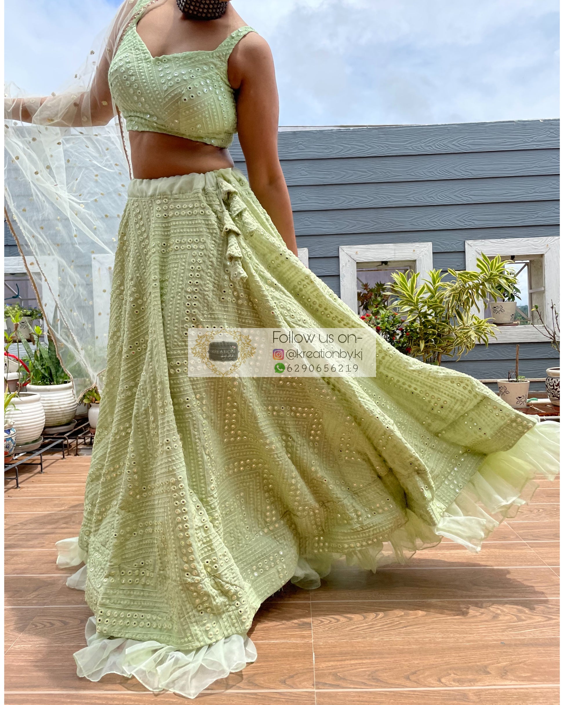 Green Sheesh Mahal Lehenga Set - kreationbykj