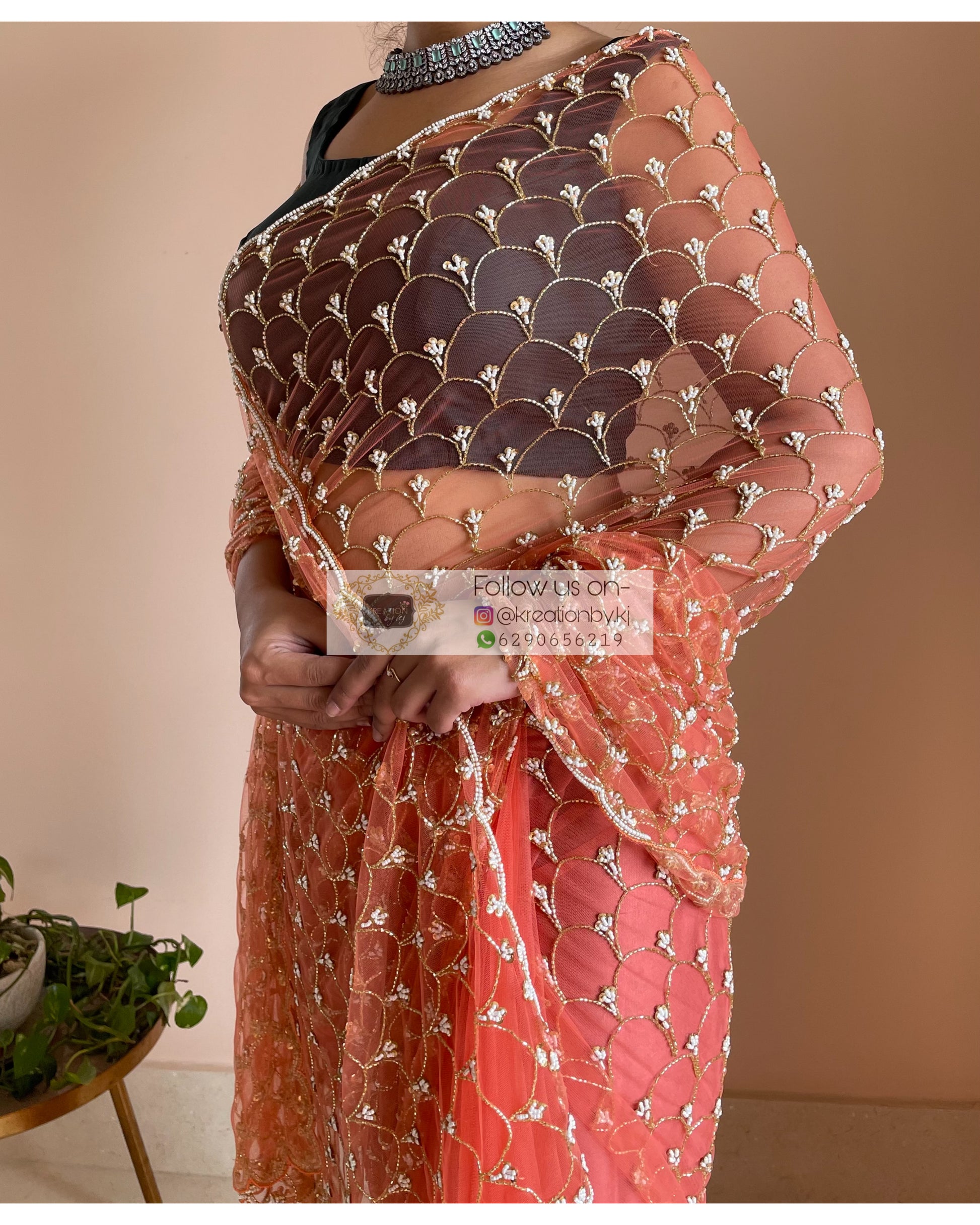 Coral Cutdana Mehraab Jaal Saree - kreationbykj