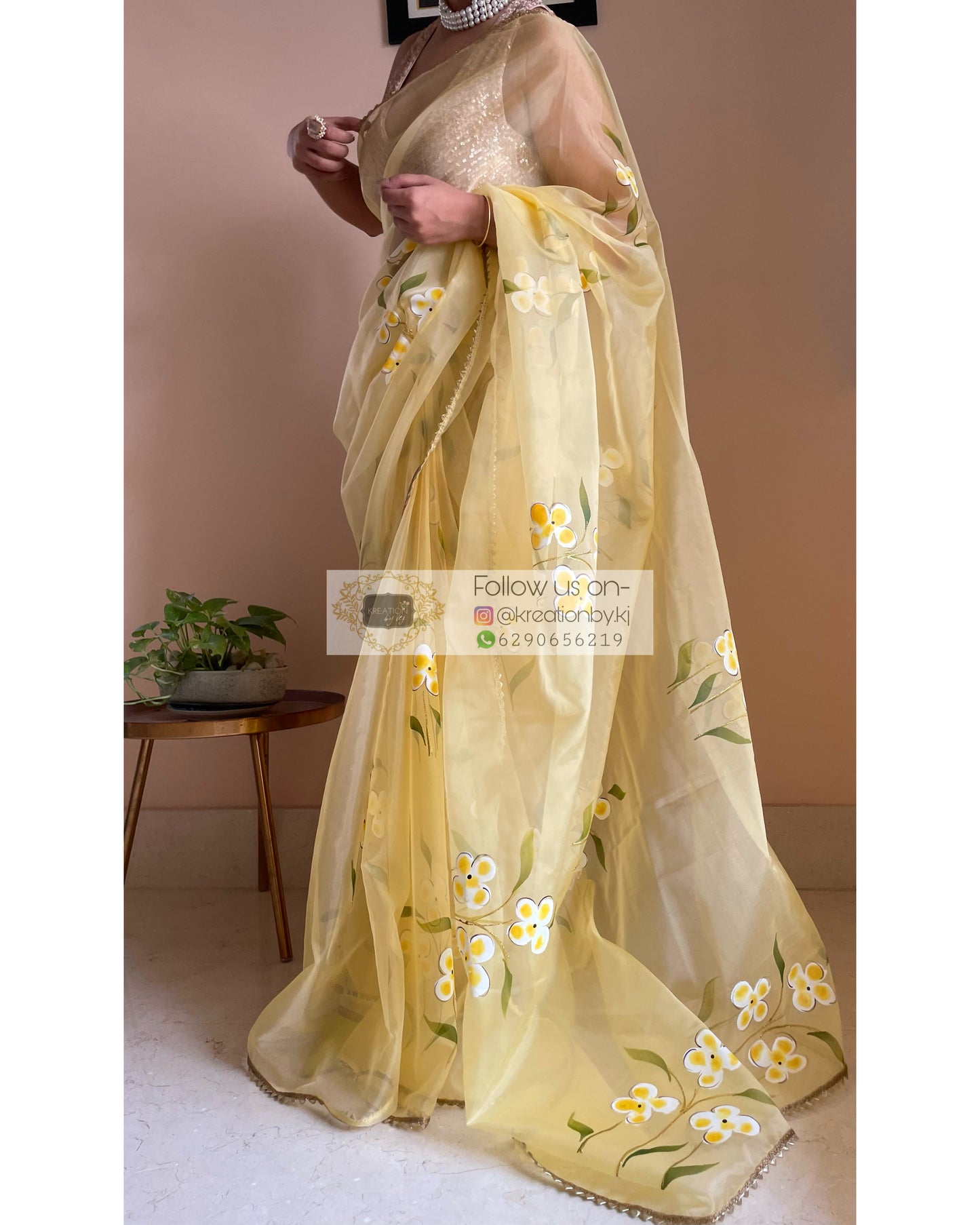 Pastel Yellow Floral Organza Saree - kreationbykj