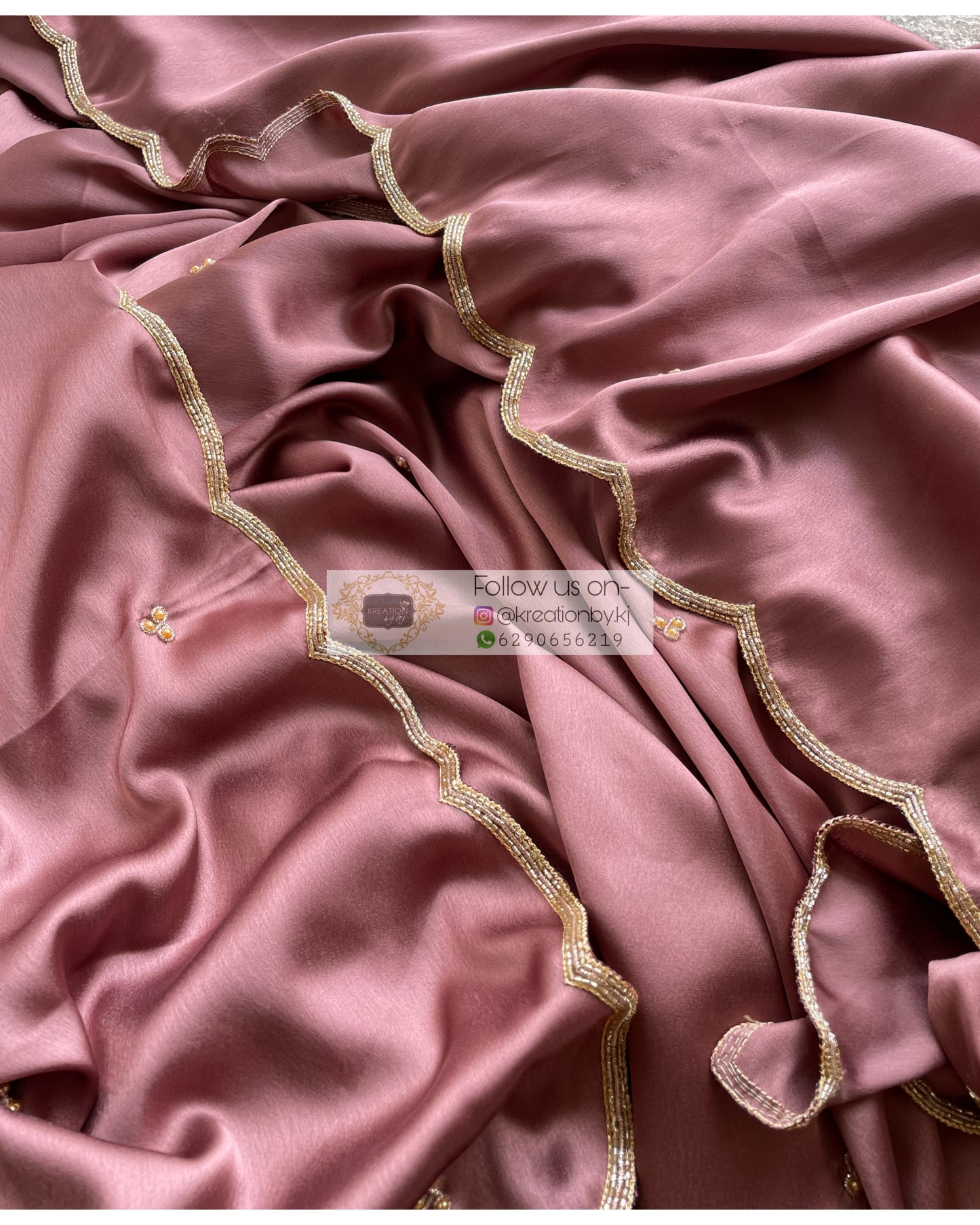 Rose Gold Satin Silk Saree With Handembroidered Scalloping - kreationbykj