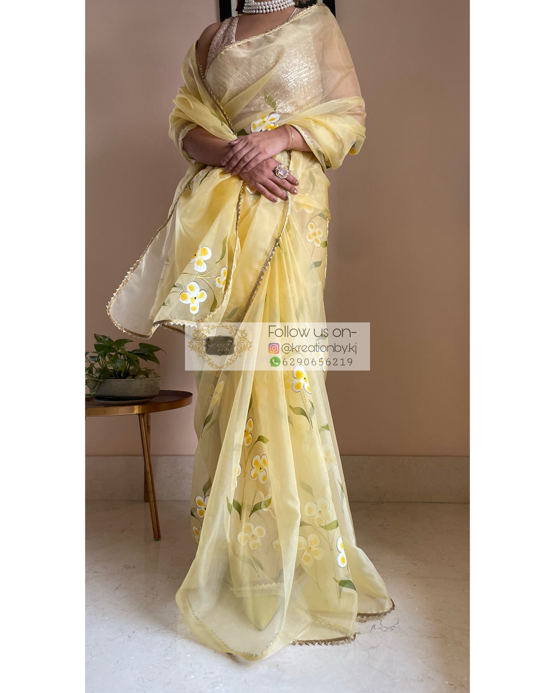 Pastel Yellow Floral Organza Saree - kreationbykj