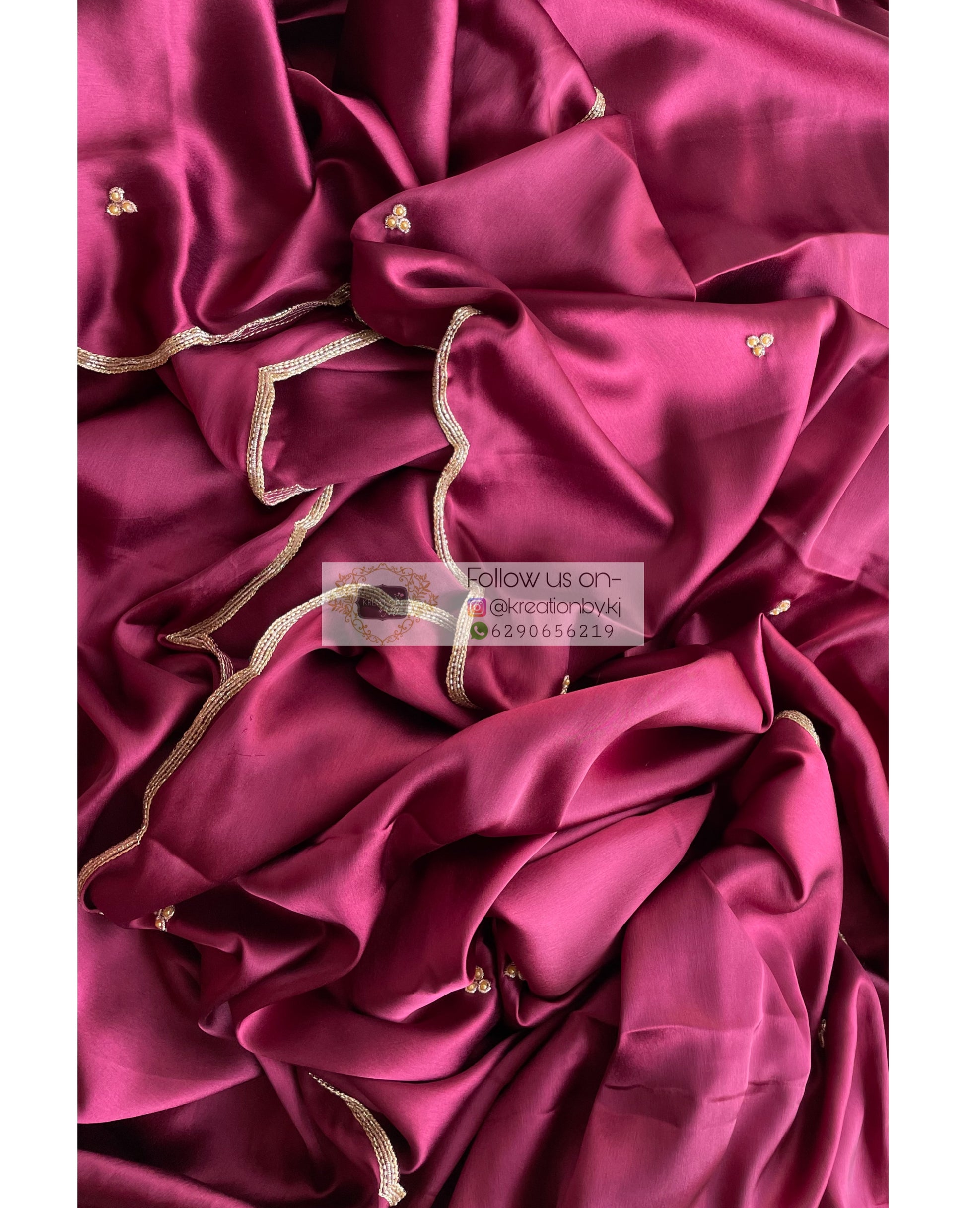 Cherry Wine Satin Silk Saree with Handembroidered Scalloping - kreationbykj