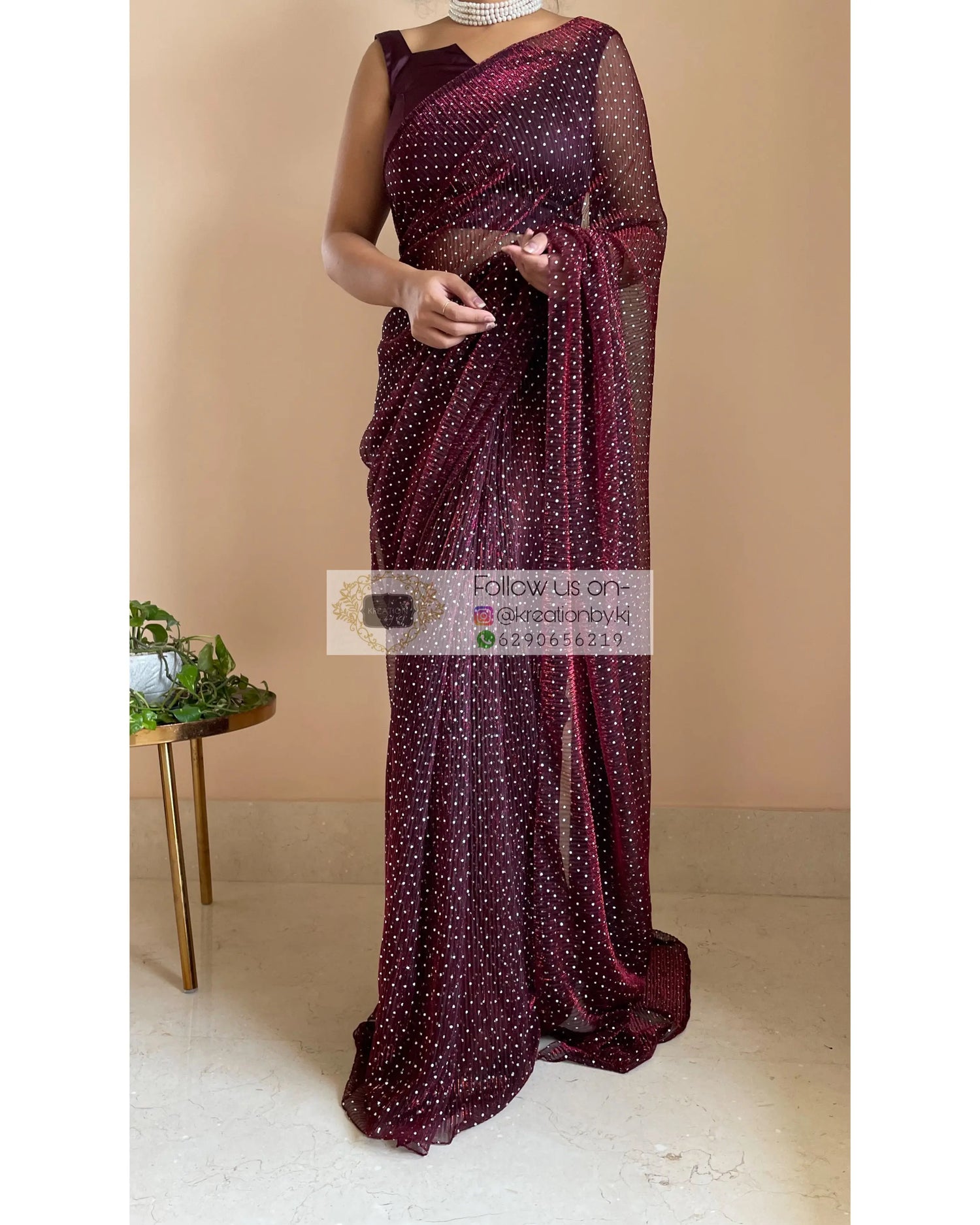 Maroon Wine Pleated Shimmer Saree - kreationbykj