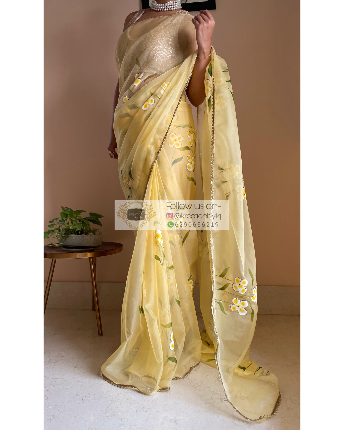 Pastel Yellow Floral Organza Saree - kreationbykj