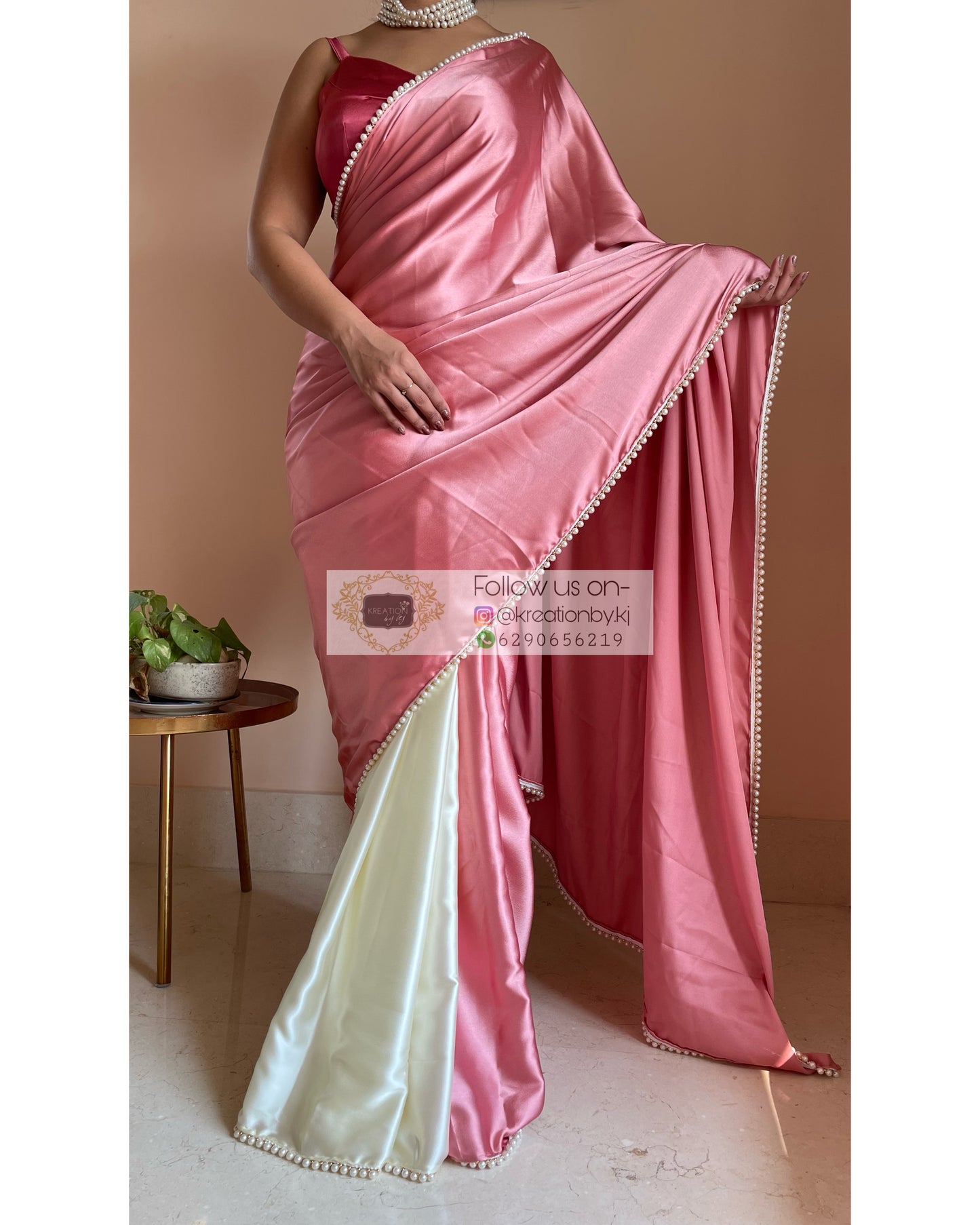 Strawberry Vanilla Two in One Satin Saree - kreationbykj