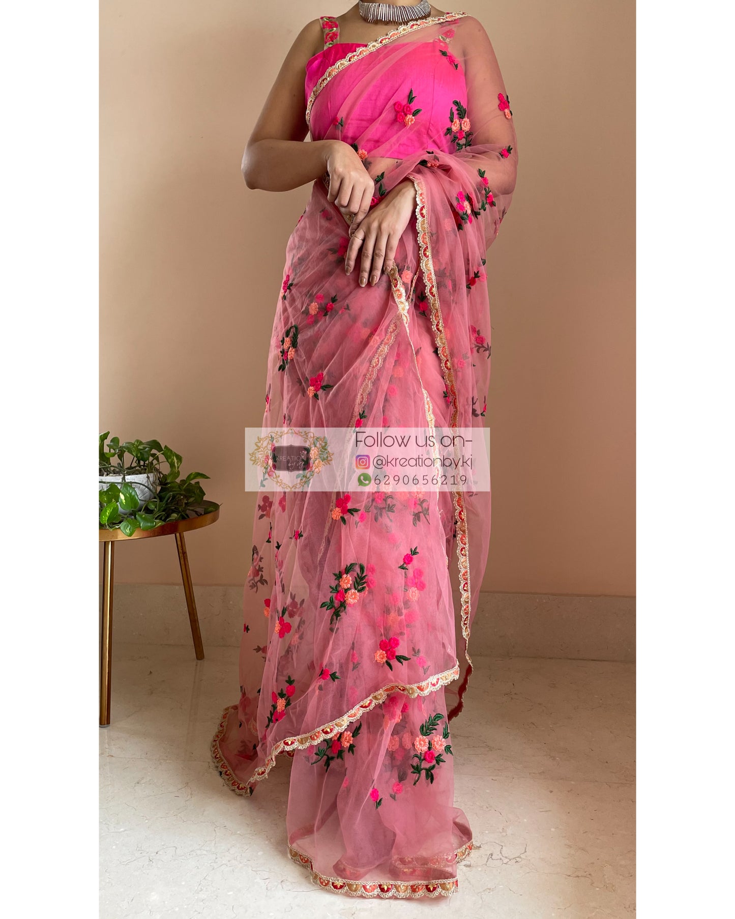 Peach Bouquet of Flowers Net Saree - kreationbykj