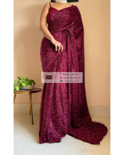 Sofia Burgundy Fur Saree - kreationbykj