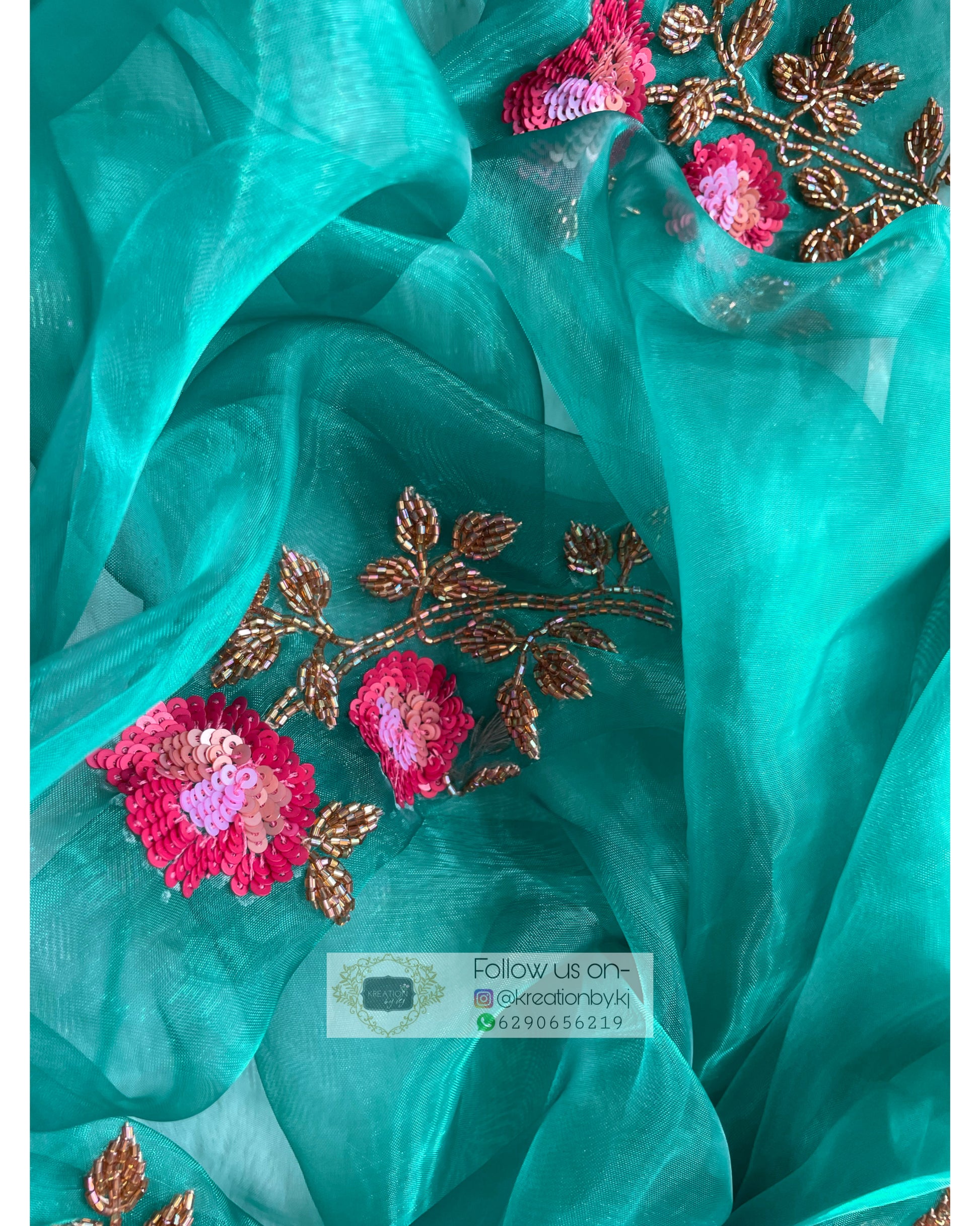 Teal Blue Glass Tissue Rose Dupatta - kreationbykj