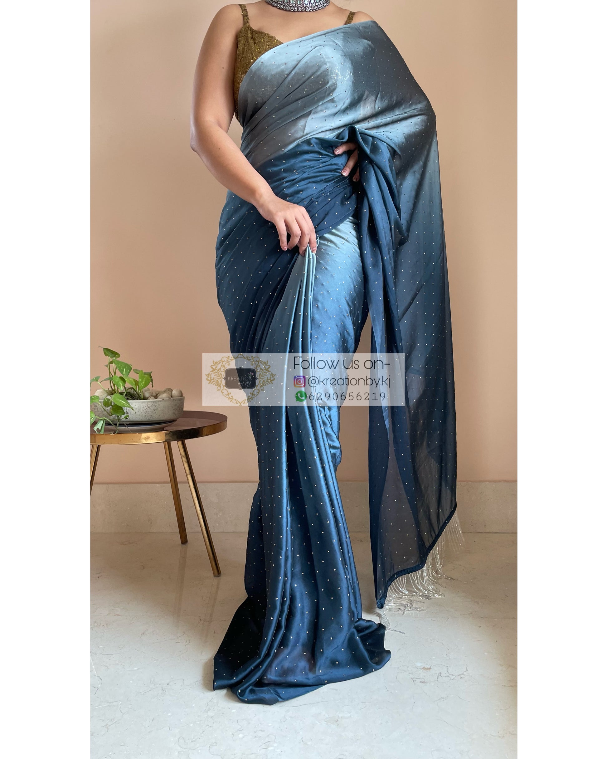 Ombré Midnight Blue Saree with Stone Work - kreationbykj