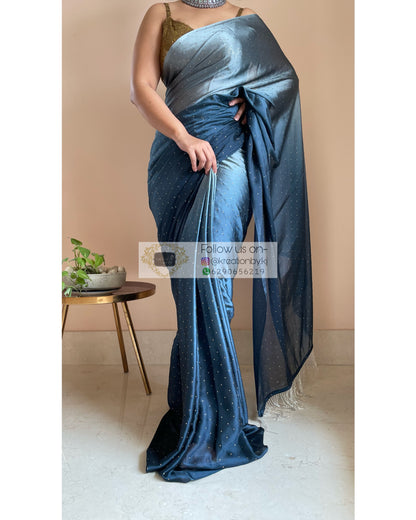 Ombré Midnight Blue Saree with Stone Work - kreationbykj