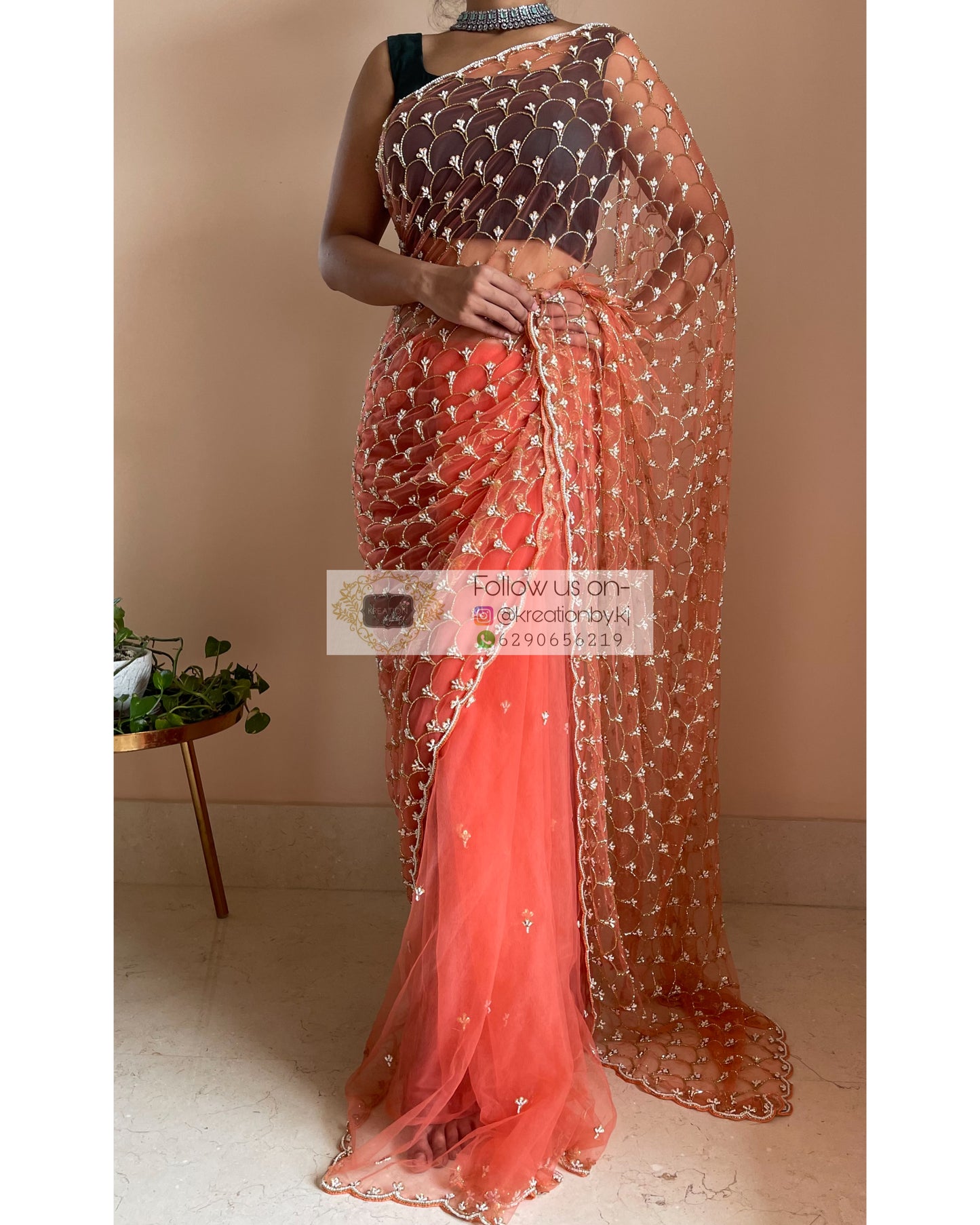 Coral Cutdana Mehraab Jaal Saree - kreationbykj