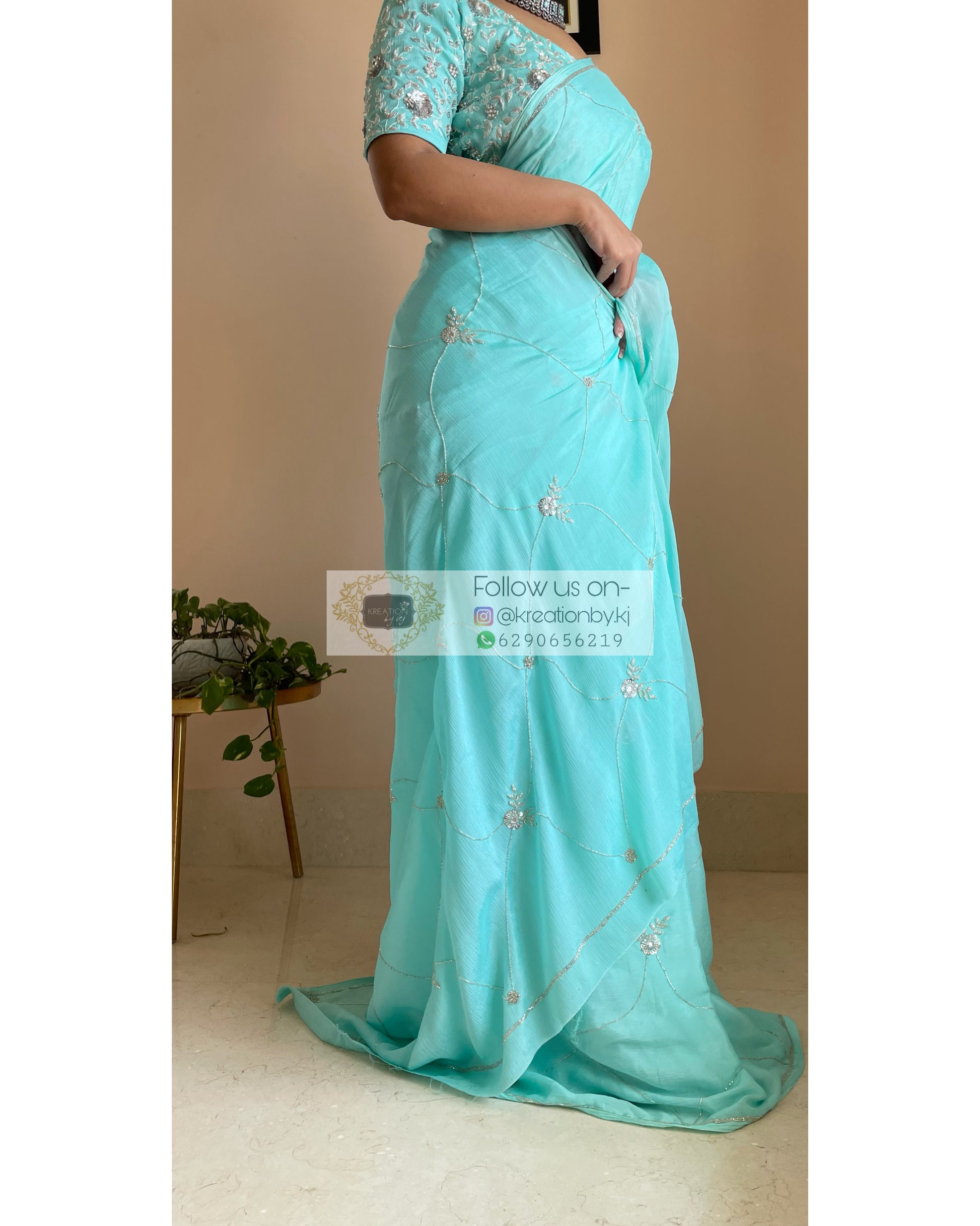 Kashish Turquoise Chinnon Saree - kreationbykj