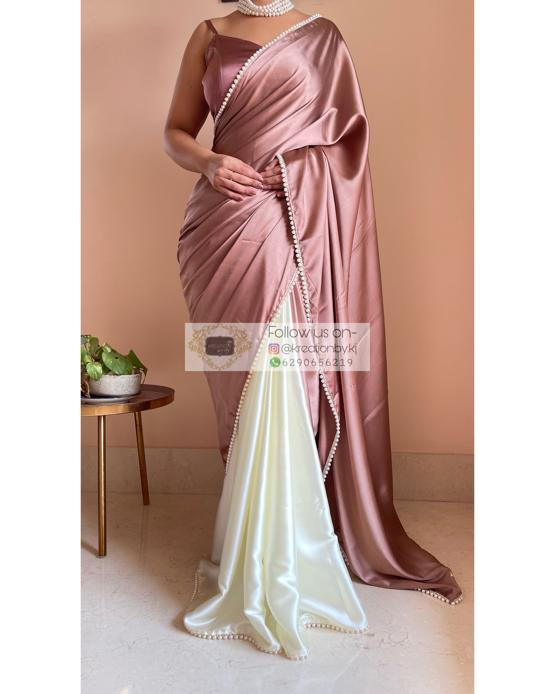 Rose Gold Peonies Two in One Satin Saree - kreationbykj