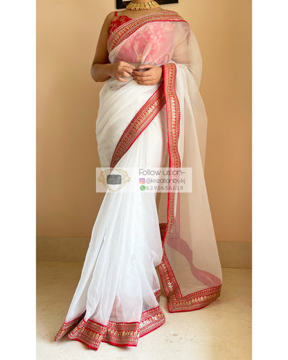 White Organza Saree with Red Border - kreationbykj