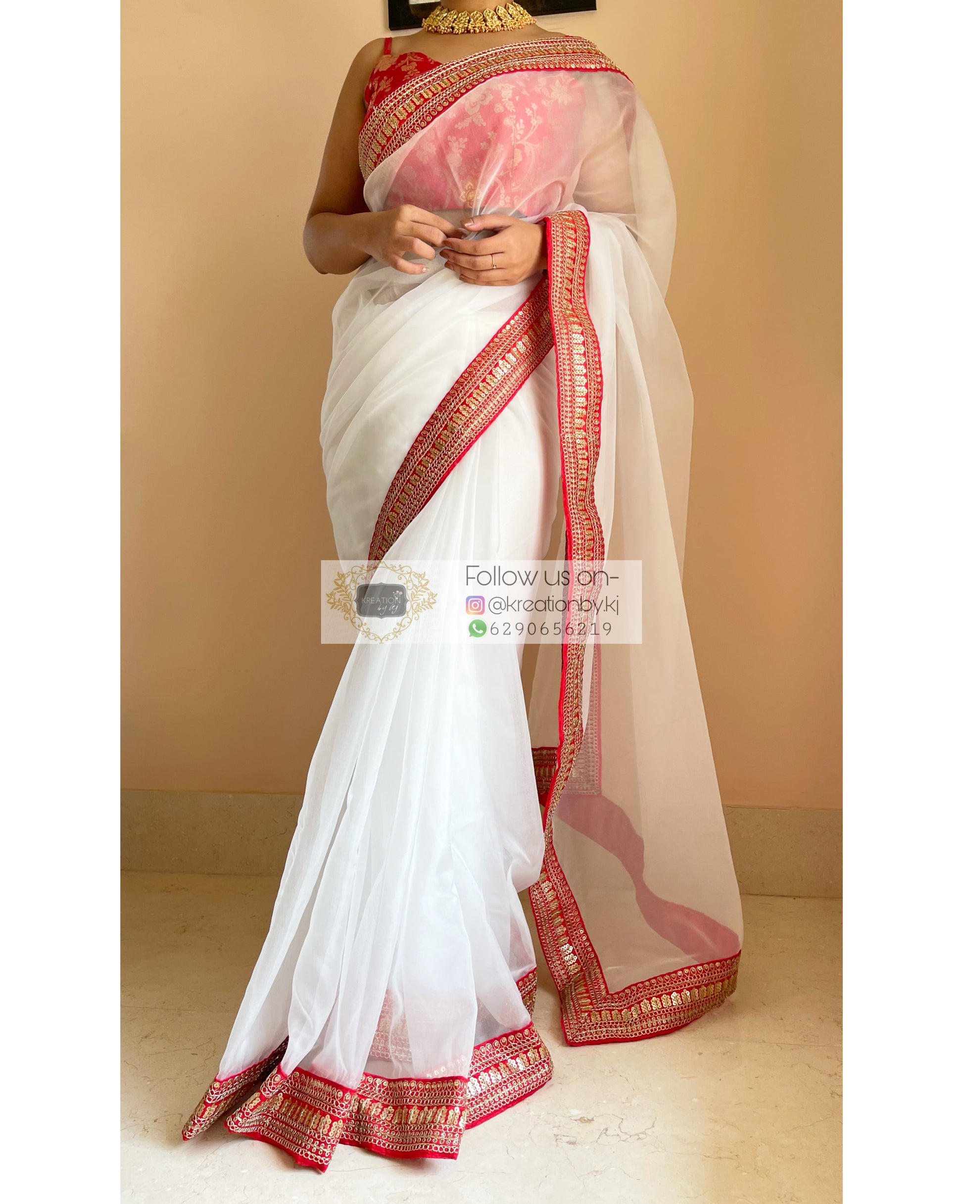 White-Red Printed Cotton Blend Saree