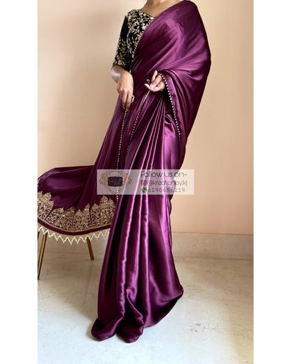 Dark Eggplant Wine Satin Silk Taj Mahal Saree - kreationbykj