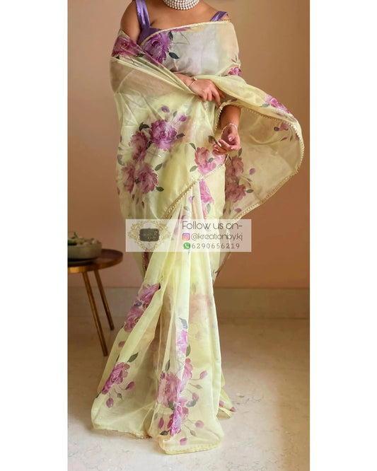 Lemon Rose Organza Saree - kreationbykj