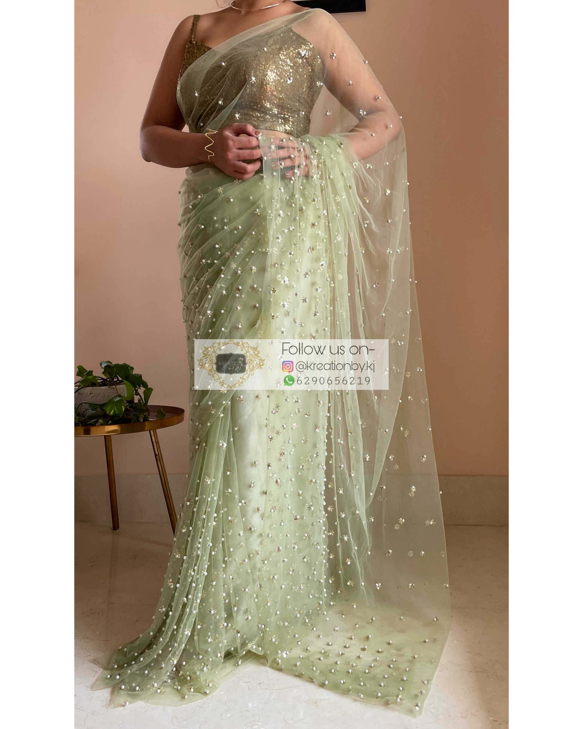 Jugnoo Green Net Saree - kreationbykj