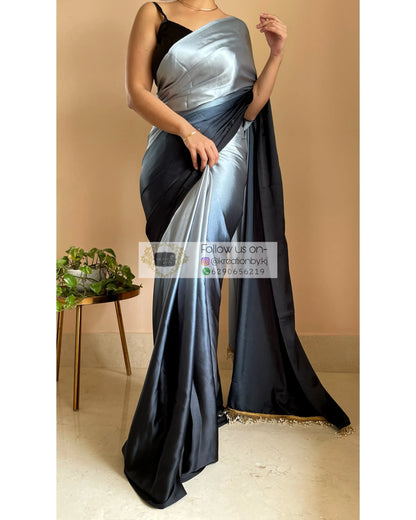 Megh Malhaar Ombré Satin Silk Saree with Handmade Tassels on Pallu - kreationbykj