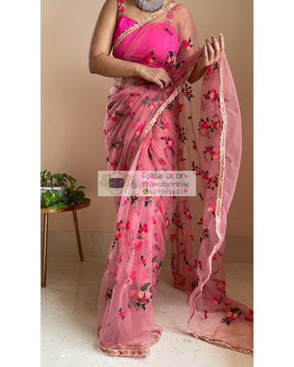 Peach Bouquet of Flowers Net Saree - kreationbykj