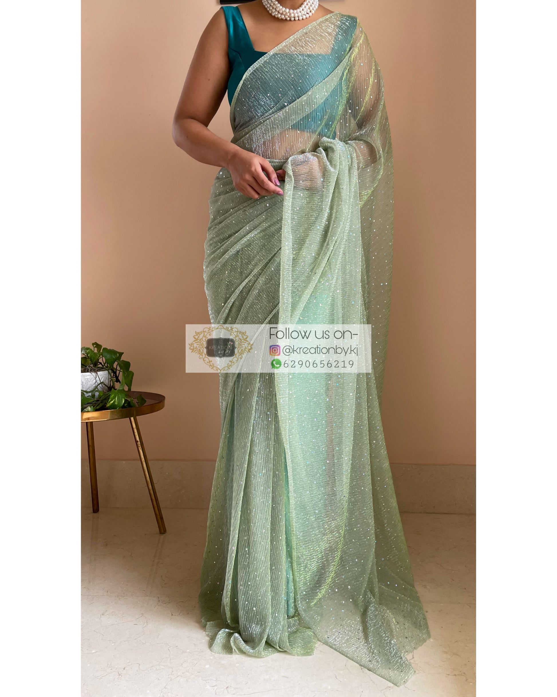 Pastel Green Pleated Shimmer Saree - kreationbykj