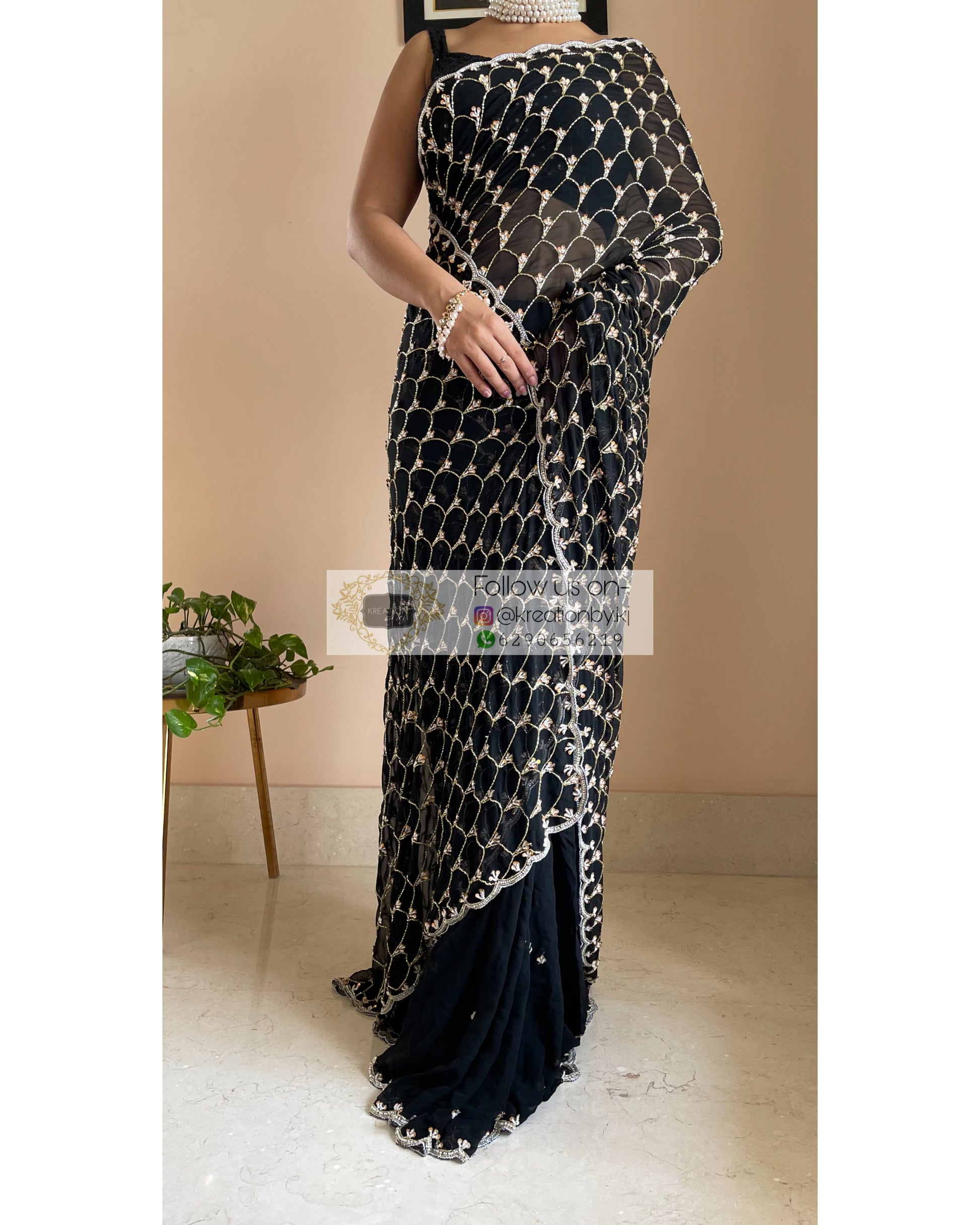 Black Georgette Cutdana Mehraab Jaal Saree - kreationbykj