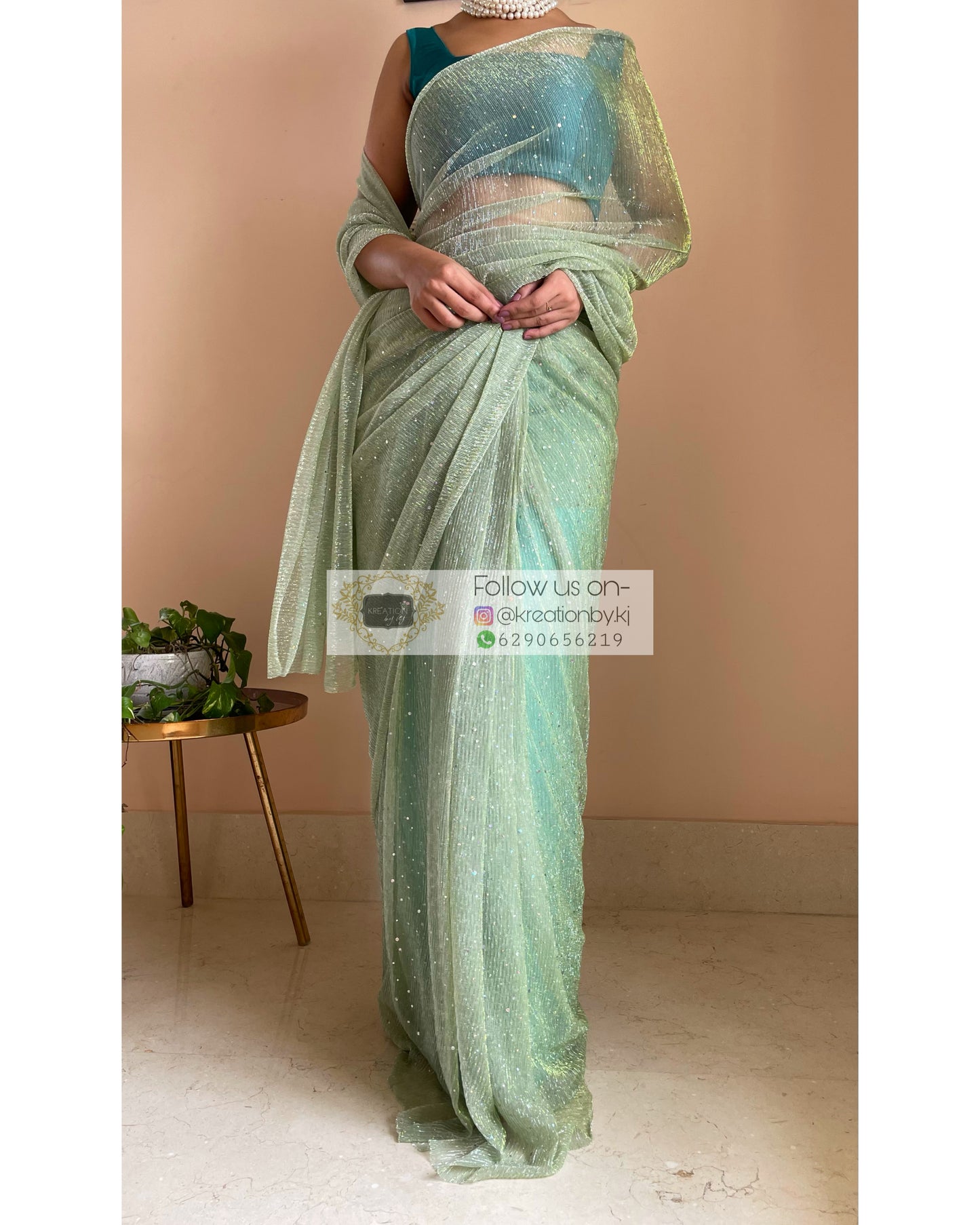 Pastel Green Pleated Shimmer Saree - kreationbykj