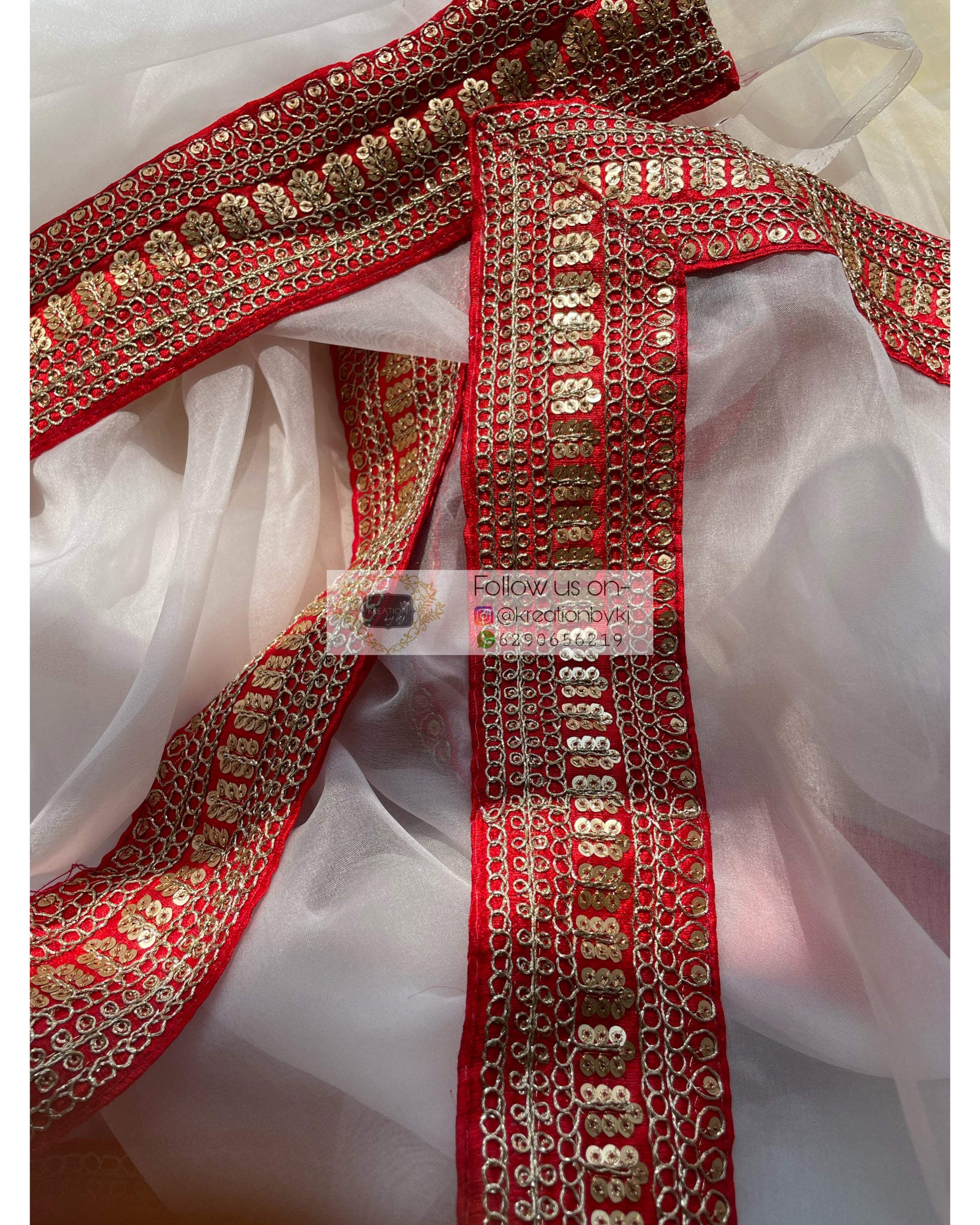 White Organza Saree with Red Border - kreationbykj