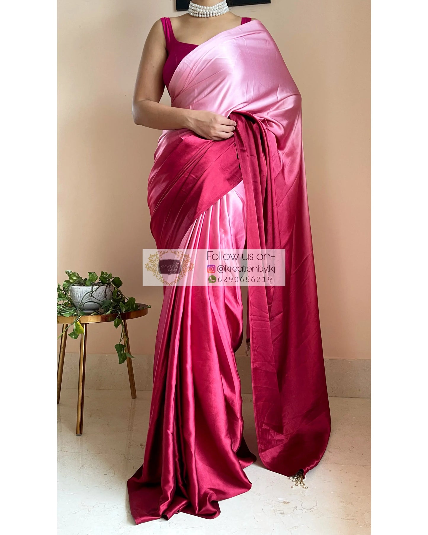Raspberry Ombré Crepe Silk Saree with Handmade Tassels on Pallu - kreationbykj