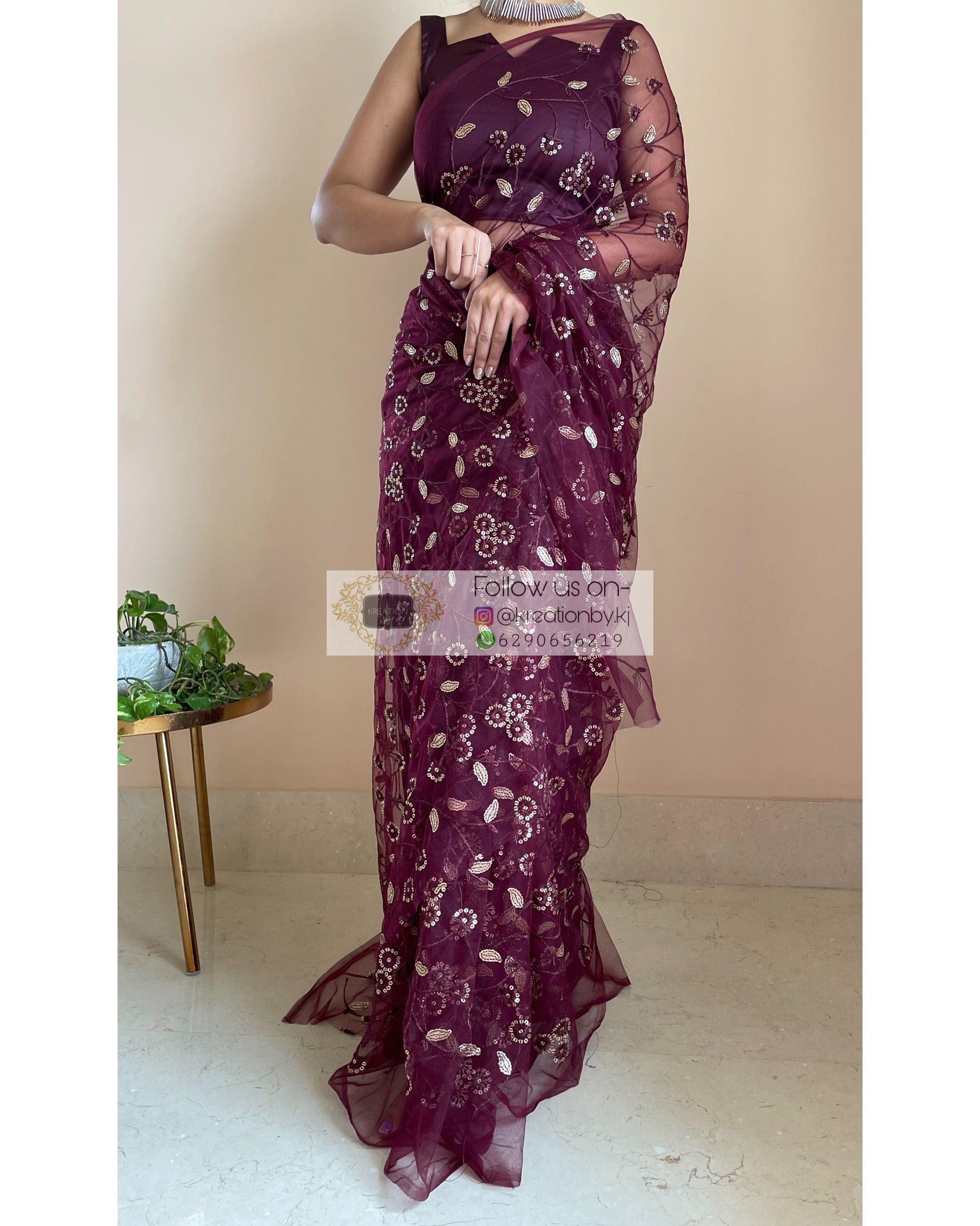 Wine Threadwork and Sequins Net Saree - kreationbykj