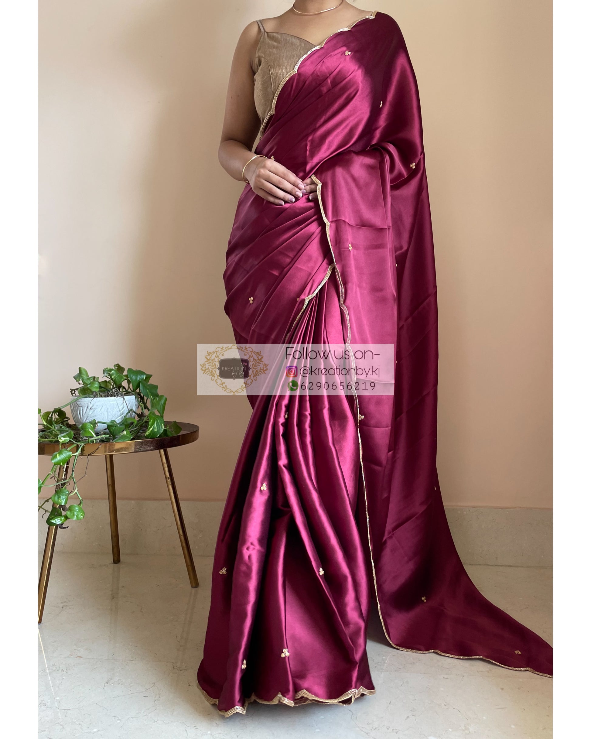 Cherry Wine Satin Silk Saree with Handembroidered Scalloping - kreationbykj